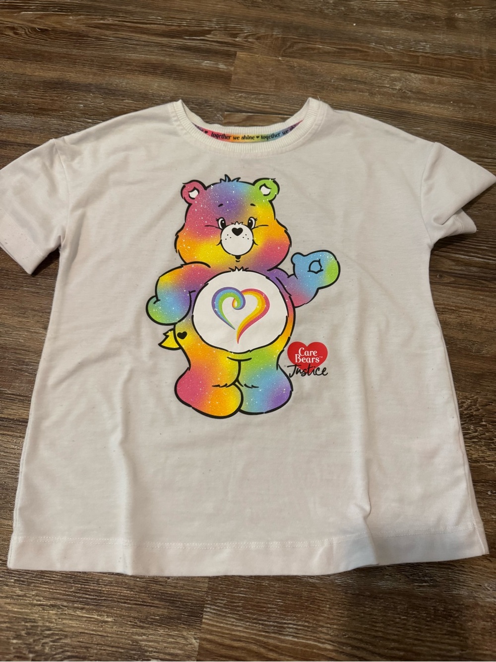 Justice White Tee with Rainbow Care Bears Graphic